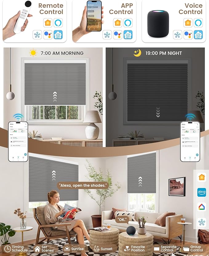 Kincmo Motorized Cellular Shades, Custom Motorized Blinds with Remote, Cordless Smart Electric Honeycomb Blinds Work with Apple HomeKit, Alexa, Google (75%-Blackout-Single-Cell Grey)