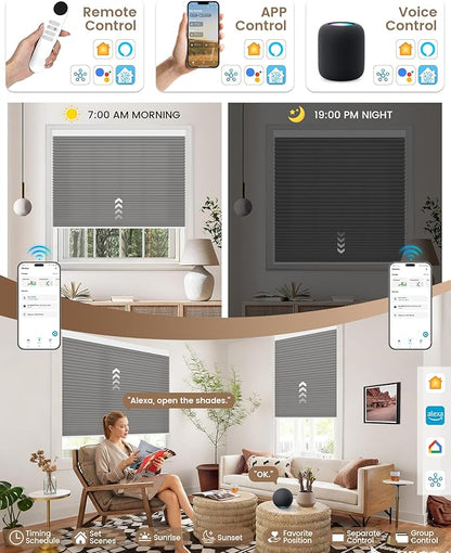 Kincmo Motorized Cellular Shades, Custom Motorized Blinds with Remote, Cordless Smart Electric Honeycomb Blinds Work with Apple HomeKit, Alexa, Google (75%-Blackout-Single-Cell Grey)