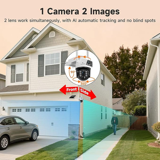 Solar Dual Lens VeryFocal Wireless Security Camera - 6MP QHD 360° PTZ, AI Tracking, 10400mAh + 5.5W Solar, WiFi 6, Standalone/NVR Add-on, Color Night Vision, IP66 Waterproof for Outdoor Home