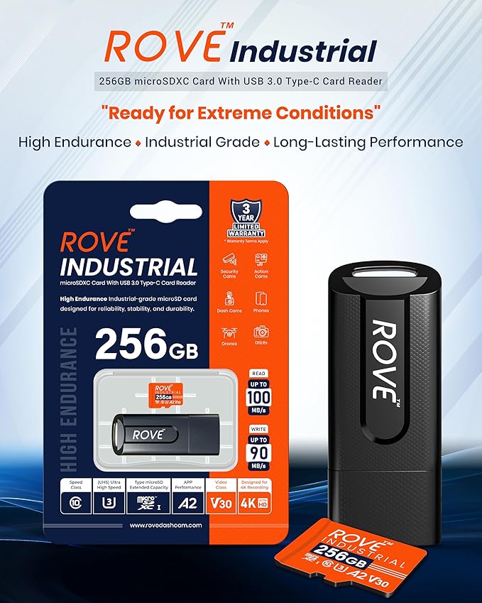 ROVE Industrial 256GB Micro SD Card with USB 3.0 Type C Card Reader, High Endurance microSDXC Memory Card 100MB/s Read Speed, C10, U3, V30, 4K, A2 for Dash Cam, Android Smart Phones, Tablets, Games