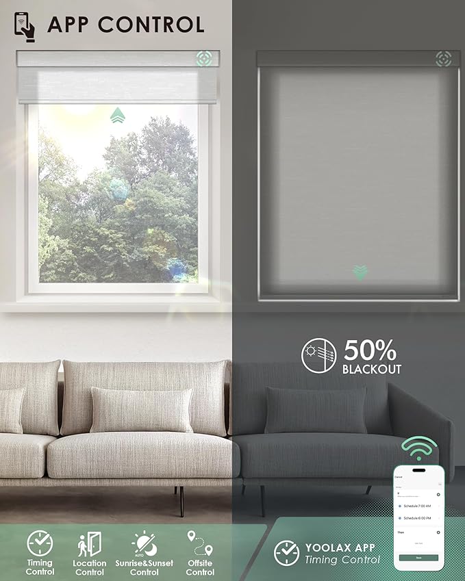 Yoolax Motorized Blinds with Remote, Light Filtering Smart Blinds Work with Alexa, Google, Automatic Roller Shades for Windows, Custom Electric Shades for Living Room Office (Jacquard White)