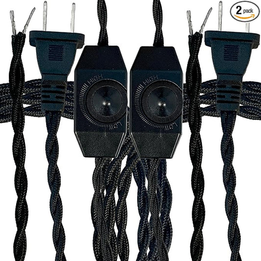 Royal Designs, Inc. 8Ft Twisted Rayon Lamp Cord with NEMA-15P Plug, Rotary Dimmer Switch, Stripped Ends Ready for Wiring, SPT-1 UL Listed, Black - Pack of 2