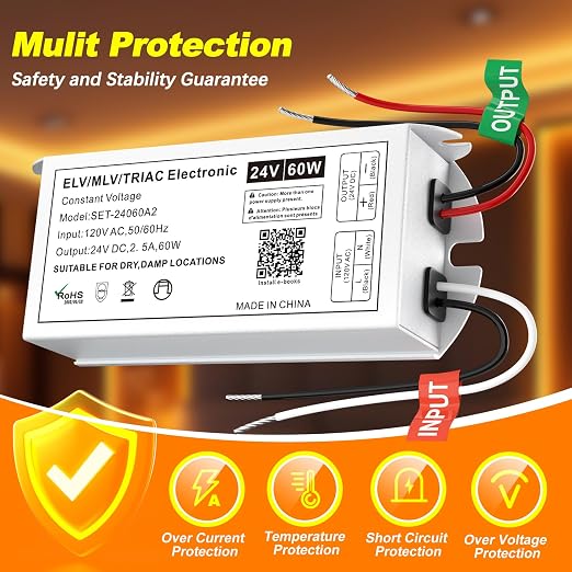 Dimmable LED Driver 60W 24V, Triac/ELV/MLV Transformer for LED and Halogen Lighting, Compatible with Lutron & Leviton Dimmers, Suitable for Indoor/Outdoor Applications