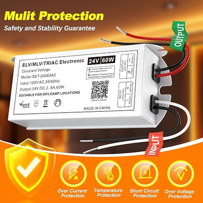 Dimmable LED Driver 60W 24V, Triac/ELV/MLV Transformer for LED and Halogen Lighting, Compatible with Lutron & Leviton Dimmers, Suitable for Indoor/Outdoor Applications