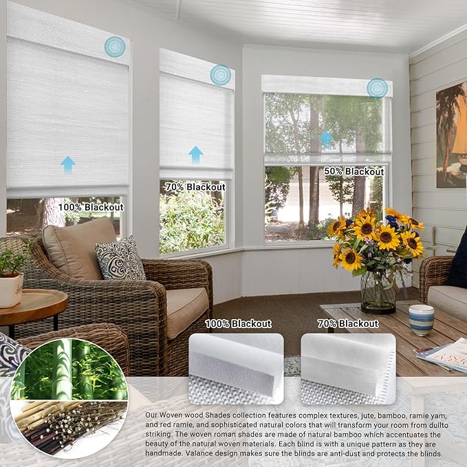 SmartWings Motorized Wood Blinds for Windows, Smart Wooven Shades Blackout/Light fitlering with Remote for Sliding Doors, Work with Matter Homekit Zigbee Alexa Z-Wave Google, Customized, Bamboo 702