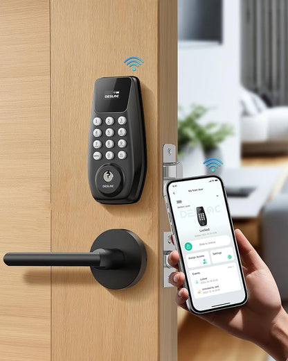 DESLOC C100 Plus Built-in WiFi Smart Lock with Handle Set, Built-in WiFi Keyless Entry Door Lock with Display, Keypad Deadbolt & Matching Lever Handle for Front Door, App Remote Control - Black