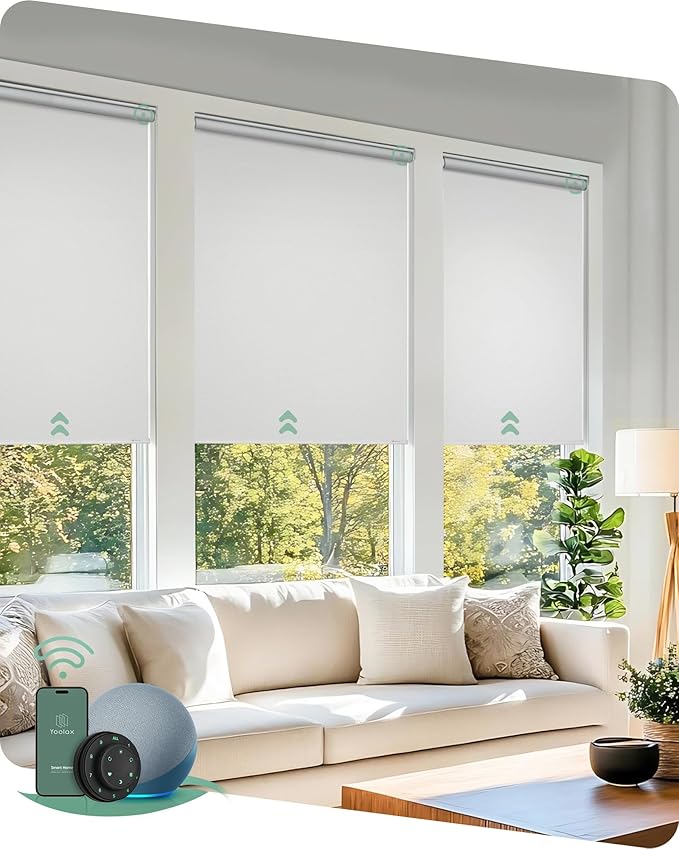 Yoolax Motorized Blinds with Remote, 100% Blackout Smart Roller Shades Work with Alexa, Google, Apple Homekit, Custom Automatic Shades with Voice Control for Bedroom Office (Fabric White)