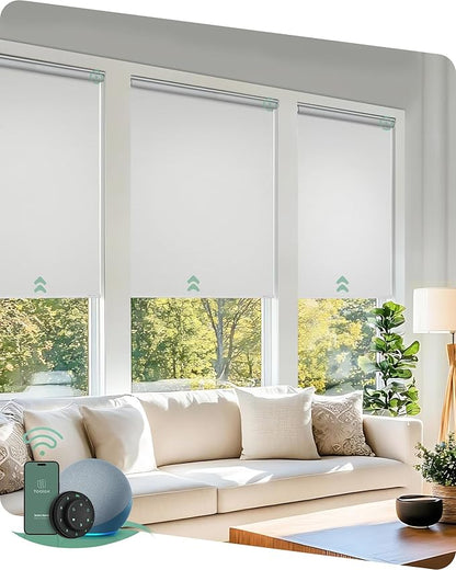 Yoolax Motorized Blinds with Remote, 100% Blackout Smart Roller Shades Work with Alexa, Google, Apple Homekit, Custom Automatic Shades with Voice Control for Bedroom Office (Fabric White)