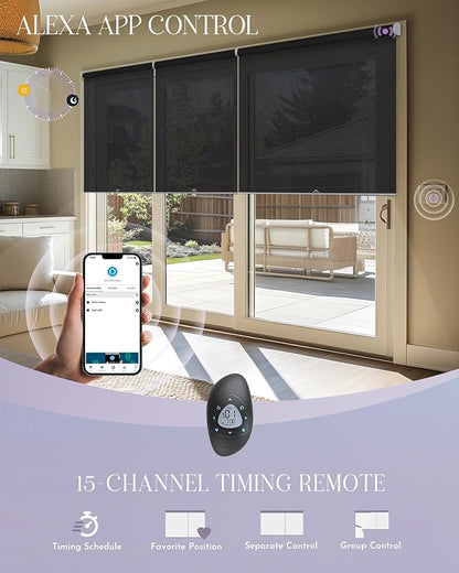 Graywind Smart Coupled Roller Shades Compatible with Alexa Google Custom Size Extra Large Motorized Blinds for Windows(5% Openess Black)