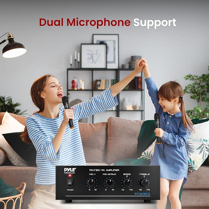 Pyle Compact 60 Watt Power Amplifier - Office, Home, Public Address System w/ RCA, 2 Microphone IN, 25/70 Volt Outputs, LED, Input Selector, Mic Talkover, Telephony, Music On Hold - PCM30A