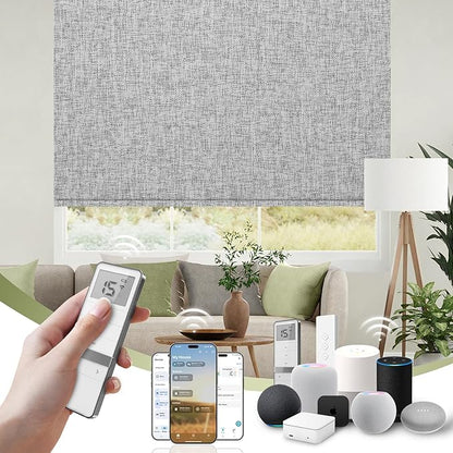FineTell Motorized Blinds with Remote, 100% Blackout Roller Shades Compatible with Alexa,Apple Homekit,Google Home APP and Voice Control, Customized Electric Blinds (100% Blackout Mist Textured Grey)