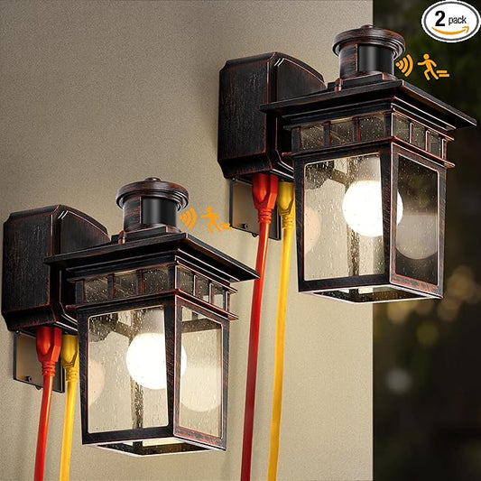 2 Pack Porch Lights with GFCI Outlet, Black & Bronze Gold Dusk to Dawn Motion Sensor Outdoor Light, 3-Mode Wall Exterior Lighting Fixture,Waterproof Outside Lights Sconce for House Front Door