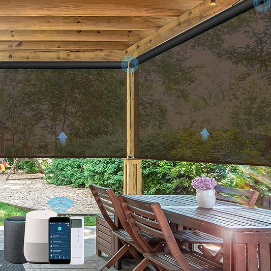 Motorized Outdoor Roller Shades,Patio Roll Up Blind Work with Alexa,Google Home,Apple Homekit,Remote Control Sun Shade,Waterproof &Windproof Smart Blinds for Porch,Sirus Dark Brown,5% Openness