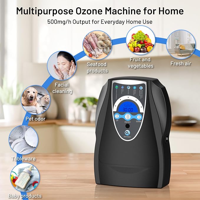 Ozone Machine Generator, 500mg/h Portable Ozone Machine for Home, Kitchen, Office, Cleaning Water, Fruits and Vegetables,Multifunctional with Timer, Black