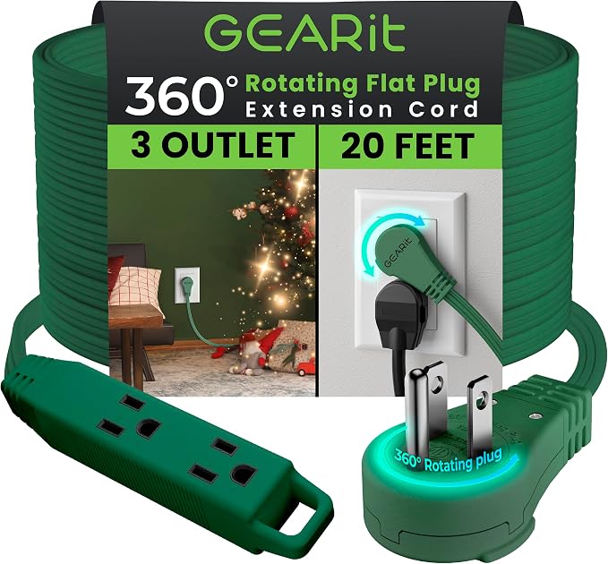 GEARit 20 ft 360° Rotating Flat Plug Extension Cord, 3 Outlet Low Profile Power Cord, 16 AWG 13A 3 Prong Grounded Indoor Cord, ETL Listed, Space-Saving for Furniture, Green
