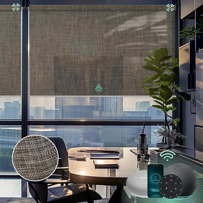 Yoolax Motorized Solar Shades Light Filtering Motorized Blinds with Remote Smart Blinds Work with Alexa, Google, Flame Retardant Roller Shades for Windows, Customized (3% Openness Minty Oat Latte)
