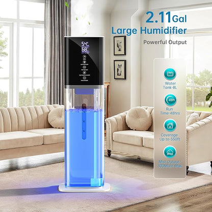 Humidifier Large Room Bedroom, 8L/2.1Gal Top Fill Cool Mist Humidifiers with Humidistat, 3-Speeds, 48H Runtime, Quiet Sleep Mode, Night Light, 12H Timer, 360° Nozzle & Aroma Diffuser for Baby, Plants