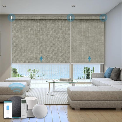 Motorized Roller Shade, 100% Blackout Smart Window Blinds Work with Homekit, Alexa, Google Home, Remote Control, Electric Blinds with USB/Solar Pannel Charging, Gentle Sage