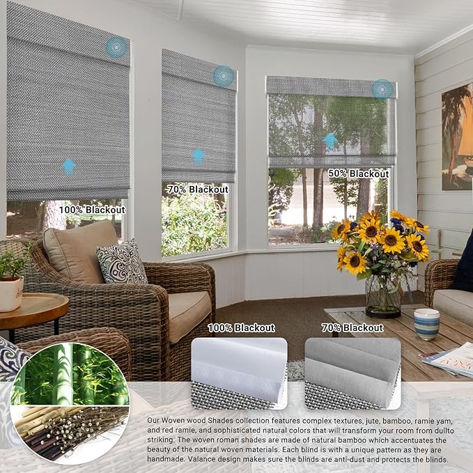 SmartWings Motorized Wood Blinds for Windows, Smart Wooven Shades Blackout/Light fitlering with Remote for Sliding Doors, Work with Matter Homekit Zigbee Alexa Z-Wave Google, Customized, Bamboo 722