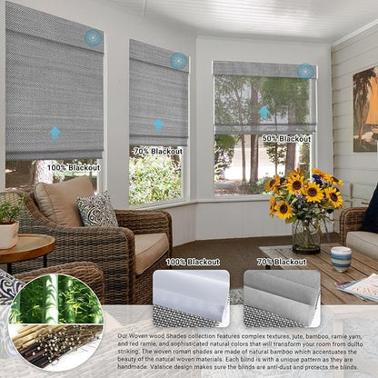 SmartWings Motorized Wood Blinds for Windows, Smart Wooven Shades Blackout/Light fitlering with Remote for Sliding Doors, Work with Matter Homekit Zigbee Alexa Z-Wave Google, Customized, Bamboo 722