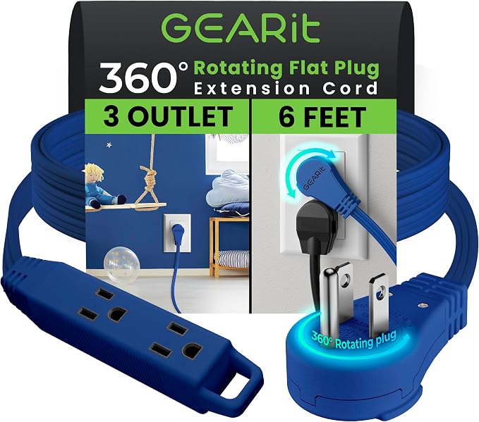 GEARit 6 ft 360° Rotating Flat Plug Extension Cord, 3 Outlet Low Profile Power Cord, 16 AWG 13A 3 Prong Grounded Indoor Cord, ETL Listed, Space-Saving for Furniture, Navy