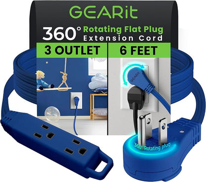 GEARit 6 ft 360° Rotating Flat Plug Extension Cord, 3 Outlet Low Profile Power Cord, 16 AWG 13A 3 Prong Grounded Indoor Cord, ETL Listed, Space-Saving for Furniture, Navy