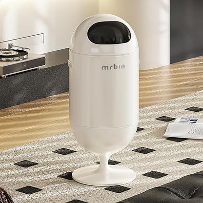 MRBIN Metal Trash Can with Lid, 5.3 Gallons / 20L Medium Decorative Waste Basket, Round Tall Garbage with High Leg for Bathroom, Office, Bedroom, Kitchen, Cream White