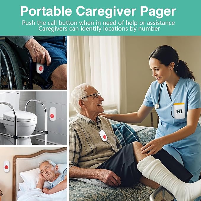 Caregiver Pager Wireless Call Button for Elderly Monitoring Vibration Call Bell Medical Alert System with Digital Display for Elderly (6 Call Buttons + 1 receivers)
