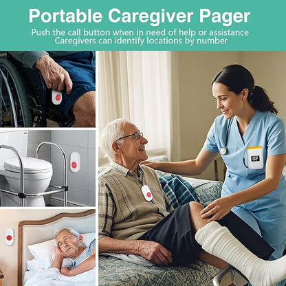 Caregiver Pager Wireless Call Button for Elderly Monitoring Vibration Call Bell Medical Alert System with Digital Display for Elderly (6 Call Buttons + 1 receivers)