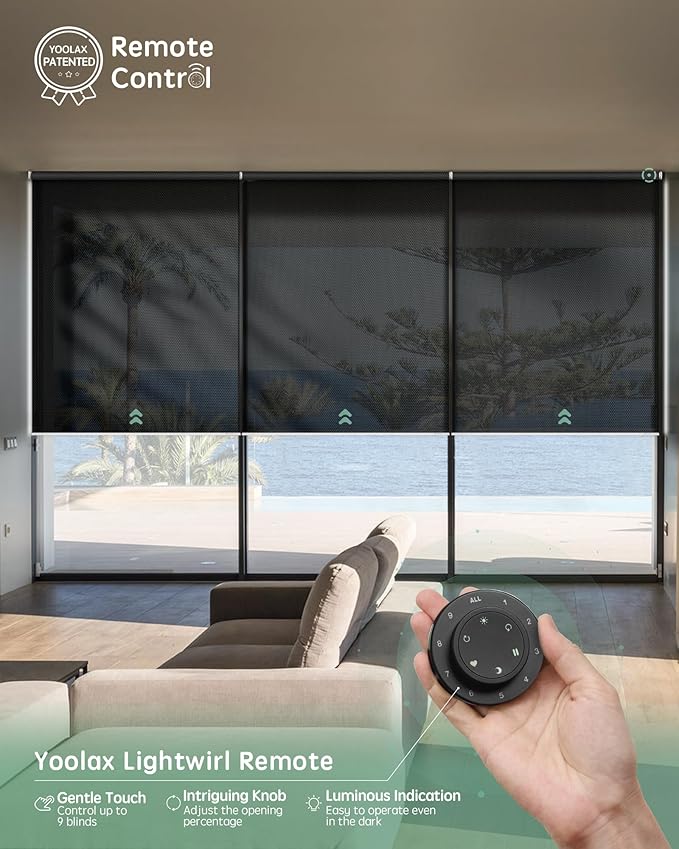 Yoolax Smart Coupled Solar Shades Compatible with Alexa, Motorized Blinds with Remote Flame Retardant Coupled Roller Shades for X-Large Windows, Custom Size (XL - 5% Openness Black)