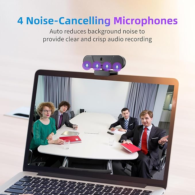 4K Webcam, UHD PTZ PC Camera with Speaker and 4 Microphones, Supporting Remote Control, Digital Zoom, Autofocus, Privacy Cover and Tripod, for Video Calls and Conferences and Live Streaming