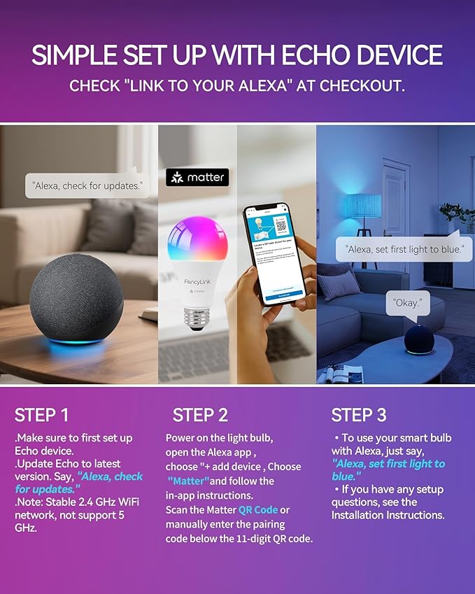 Matter Smart Light Bulbs, Color Changing Light Bulb, hub Required, A19 60W,2.4Ghz WiFi only,Compatible with Alexa Google Assistant, Apple Home,16 Million Colors RGBCW 800 Lumen,1 Pack