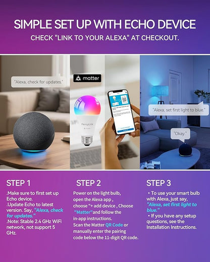 Matter Smart Light Bulbs, Color Changing Light Bulb, hub Required, A19 60W,2.4Ghz WiFi only,Compatible with Alexa Google Assistant, Apple Home,16 Million Colors RGBCW 800 Lumen,6 Pack