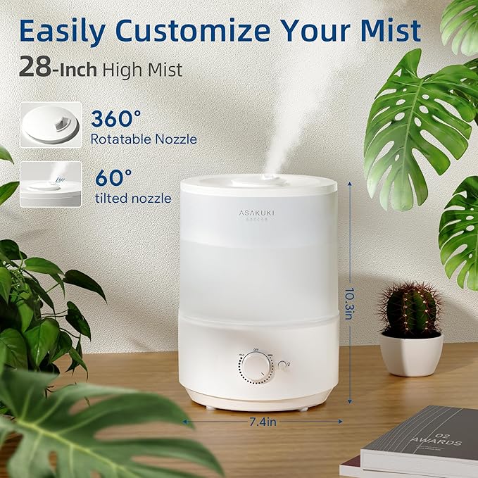 ASAKUKI Humidifiers for Bedroom, 3L Top Fill Cool Mist Humidifiers for Baby Nursery & Plants, 3-IN-1 Quiet Air Humidifier, Oil Diffuser & Night Light for Large Room Home, Auto Shut-off, BPA-Free, 30H