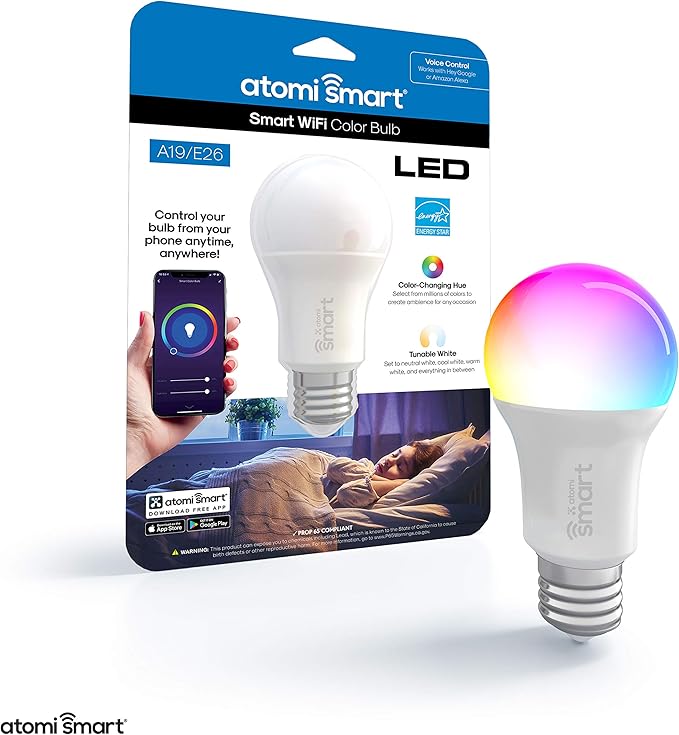 Atomi Smart Color Changing Light Bulb & Smart LED Bulb (2500K-9000K), Dimmable 60W Eq, | WiFi Control with iOS and Android App, Voice Control with Alexa, Google Great Color Lights for Bedroom