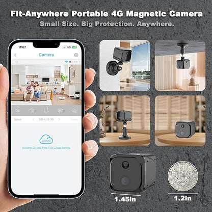 No WiFi Small Security Camera, 4G LTE Cellular Security Camera, 2K Magnetic Surveillance Cam with Long Standby Battery, PIR Motion Detect, Built-in SIM Card Camera for Apartment, Garage or Store