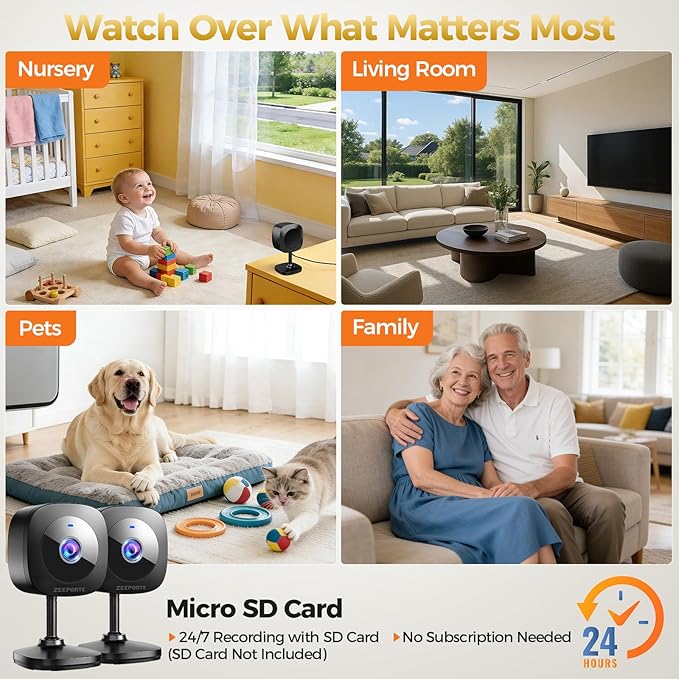 ZEEPORTE 2K Indoor Cameras for Home Security - Baby Monitor and Dog Pet Camera with Motion Detection, 2-Way Audio, Night Vision, Siren, Wired Security Camera - Works with Alexa (2-Pack)