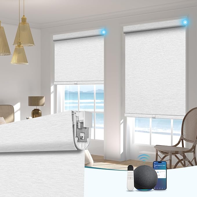 BERISSA Smart Motorized Blinds with Remote,No Drill Automatic Roller Blinds for Indoor Windows,Blackout Linen Fabric,Electric Shades for Windows Home Office,Maze White,Custom Size