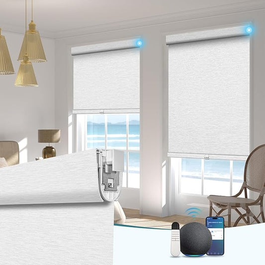 BERISSA Smart Motorized Blinds with Remote,No Drill Automatic Roller Blinds for Indoor Windows,Blackout Linen Fabric,Electric Shades for Windows Home Office,Maze White,Custom Size