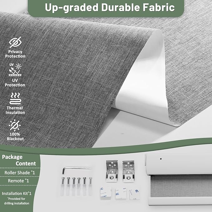 Motorized Blinds with Remote, Blackout No Drill Cordless Smart Roller Shades, Automatic Blinds for Windows, Grey,46" W x 72" H