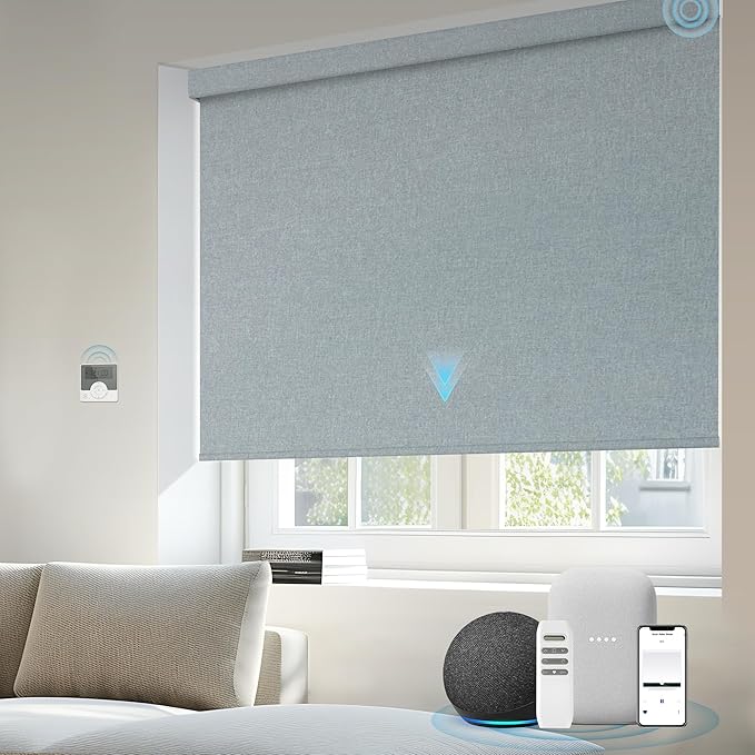 Motorized Blinds Compatible with Alexa Google Custom to 108" Width 100% Blackout Smart Blind Automatic Large Window Roller Shades Remote Control Fabric Light Blue
