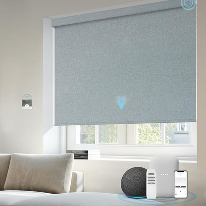 Motorized Blinds Compatible with Alexa Google Custom to 108" Width 100% Blackout Smart Blind Automatic Large Window Roller Shades Remote Control Fabric Light Blue