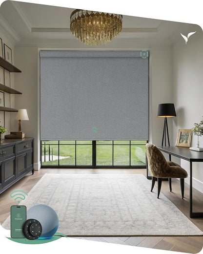 Yoolax Motorized Blinds with Remote, Designer Smart Blinds Work with Alexa, Google, Apple Homekit, 100% Blackout Motorized Shades Custom Electric Shades Voice Control (V-Jungle Grid Light Gray)