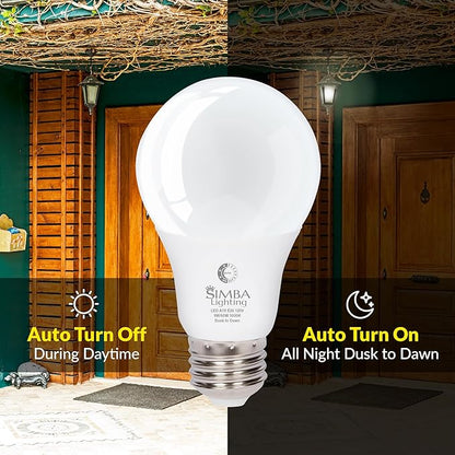 Simba Lighting LED Outdoor Light Bulbs with Photocell Sensor Dusk to Dawn Smart Auto On and Off (2 Pack) A19 9W 60W Replacement for Porch, Night Light, Garage Door, E26 Medium Base, 5000K Daylight
