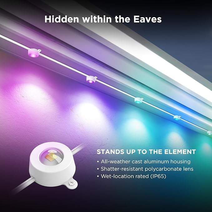 Feit Electric Permanent Outdoor Lights, Smart String Lights, 100FT LED Lights, 2.4GHz WiFi-Enabled Under Eaves Light, Works with Alexa and Google Asst, App Control, Weatherproof, SL100-60/RGBTW/AG