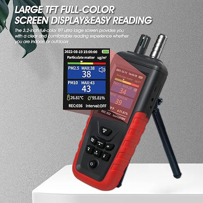 Air Quality Monitor Dust Particle Counter Indoor, Home Air Quality Sensitivity Test 6-Channel Pm0.3/0.5/1.0/2.5/5/10 Um Tester with Temperature/Humidity Monitor/USB Recharge Data Transfer/Storage