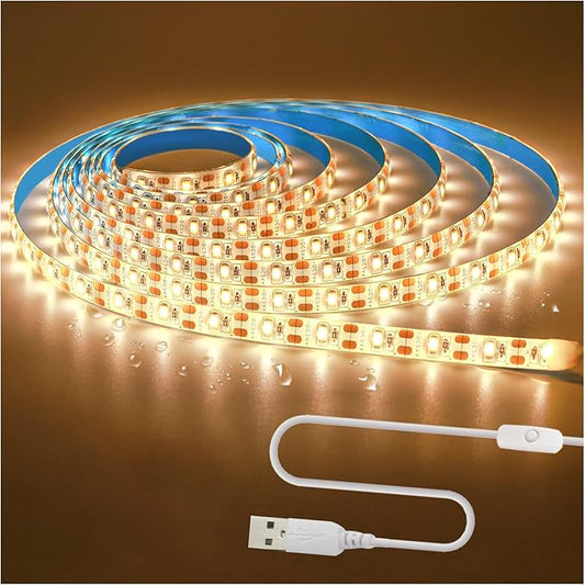 5V USB LED Strip Lights, Warm White 3500K 9.84ft SMD 2835 IP65 Waterproof 180 LEDs Plug and Play Rope Light Strips with Switch for Bedroom, Kitchen Decoration