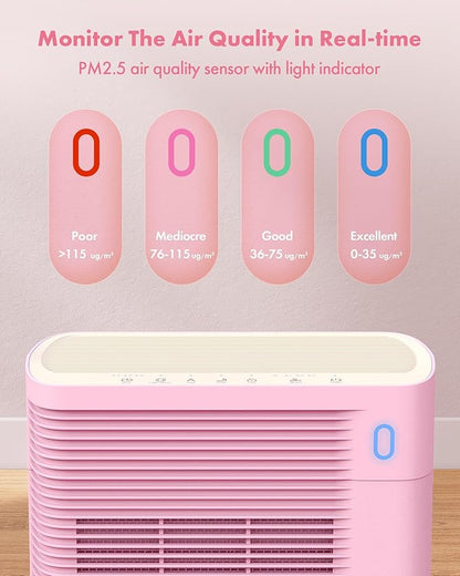 T356 New Pink Air Purifier for Home Large Room Bedroom Up to 1937 Ft² in 1 Hr With Double-sided Air Inlet, Air Quality and Light Sensors, HEPA Sleep Mode for Allergies, Dust, Smoke, Pet Hair