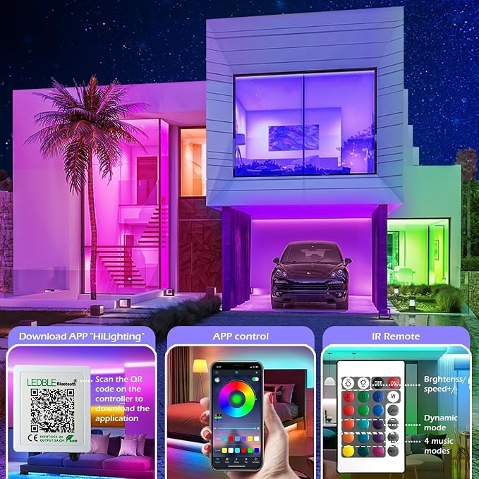 65.5FT Led Strip Lights,Long Smart Led Light Strips Music Sync 5050 RGB Color Changing Rope Lights,Bluetooth APP/IR Remote/Switch Box Control Led Lights for Bedroom,Home Decoration,Party,Festival