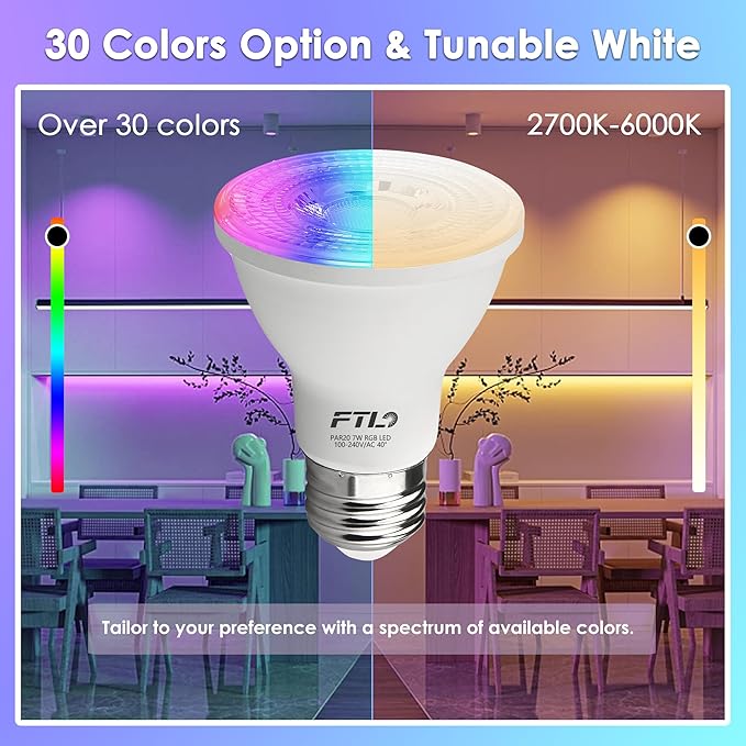 FTL PAR20 LED Bulbs Color Changing Light Bulbs with Remote Control, Dimmable RGB Colored Bulbs 2700K-6000K 7W 60W Equivalent, Timer,30 Colors, Flood Light for Track Recessed Lighting, 10-Pack